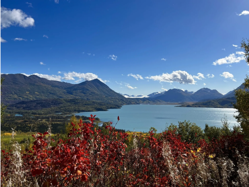 A scenic view of a lake surrounded by mountains, with vibrant red foliage in the foreground and a clear blue sky.